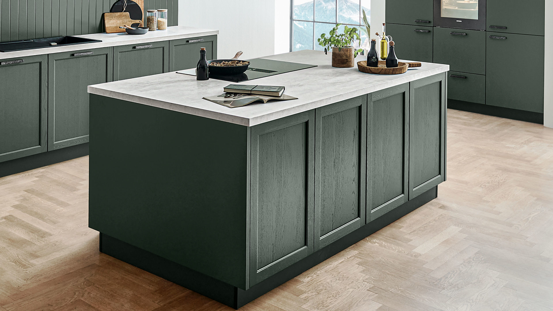 Einbauküche Nolte® küchen aus Holz in Dunkelgrün nolte® Einbauküche Lugano mit SIEMENS Einbaugeräten Black Green – dreizeilig