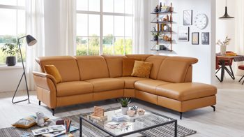 Ecksofa Steinpol polsteria aus Leder in Orange Polstermöbel Serie Senturo System - Ecksofa senffarbenes Leder Evita - Stellfläche ca. 267 x 245 cm