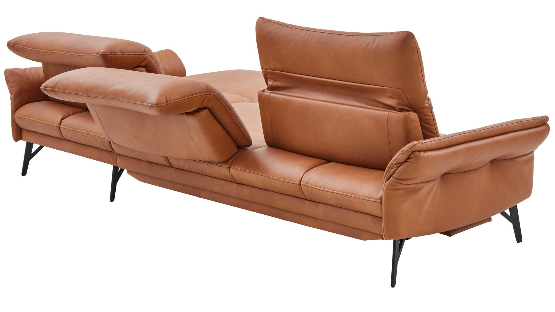 Ecksofa Himolla aus Leder in Orange himolla Polsterprogramm 1385-Promotion - Ecksofa mit motorischer Funktion brandyfarbenes LongLife-Leder LG24 & anthrazitfarbene Metallfüße - Stellfläche ca. 304 x 175 cm