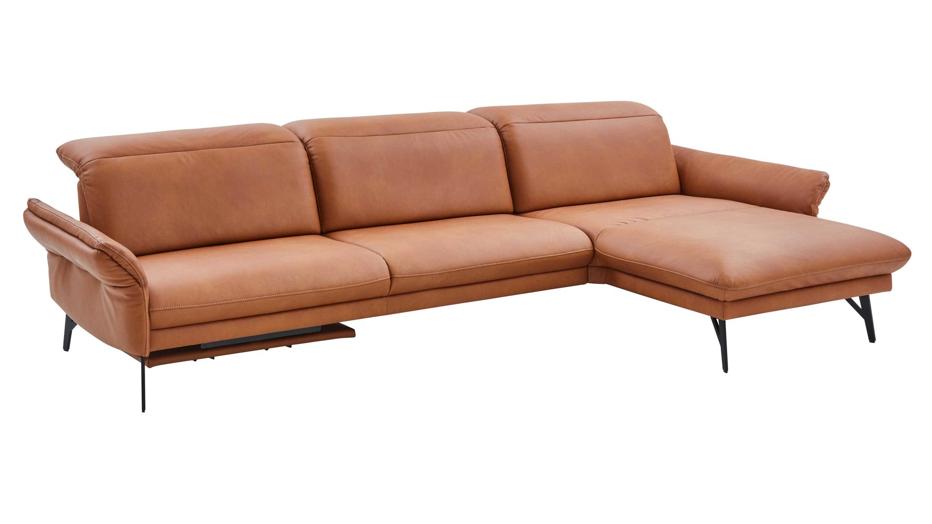 Ecksofa Himolla aus Leder in Orange himolla Polsterprogramm 1385-Promotion - Ecksofa mit motorischer Funktion brandyfarbenes LongLife-Leder LG24 & anthrazitfarbene Metallfüße - Stellfläche ca. 304 x 175 cm