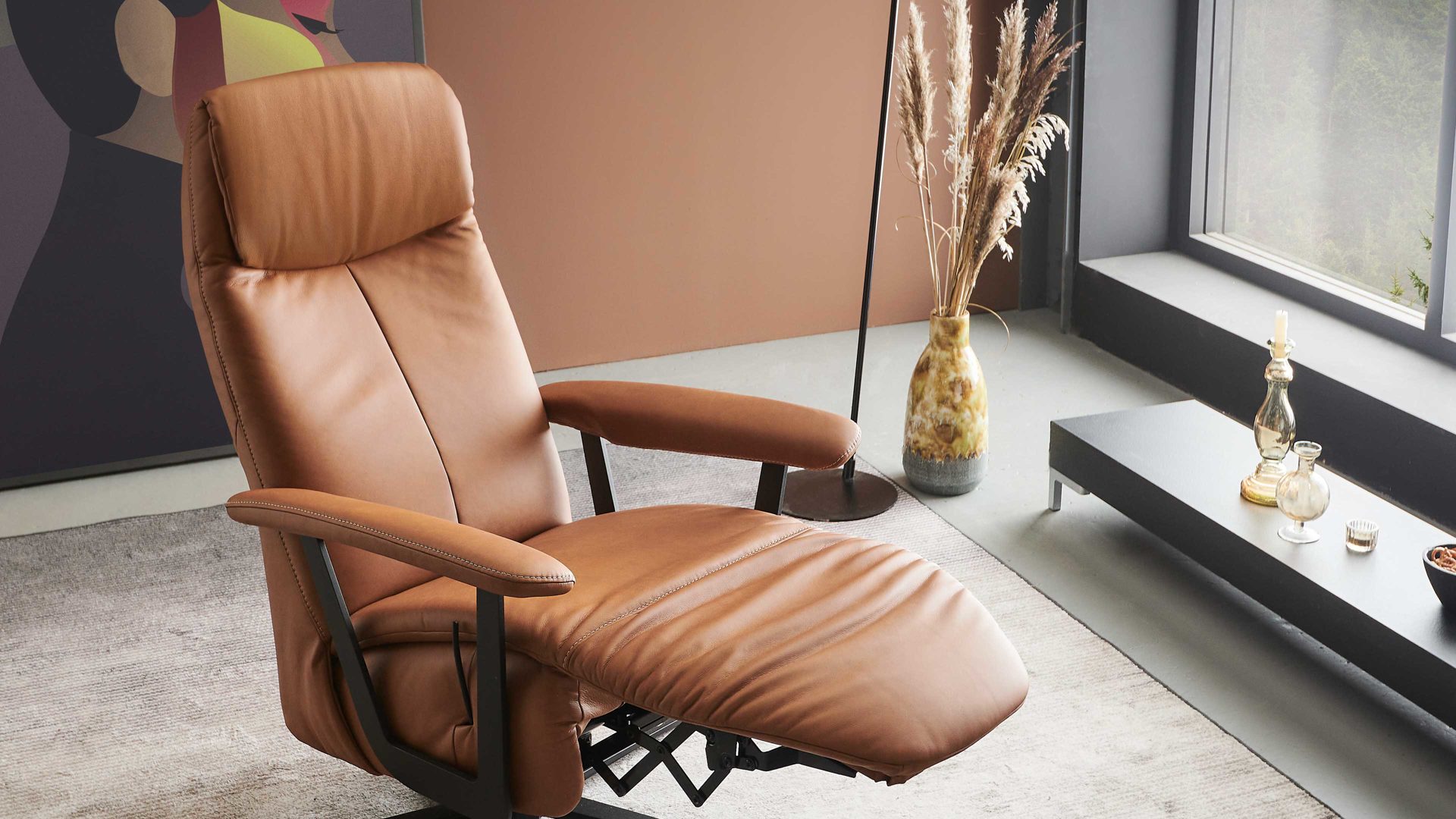 Relaxsessel Himolla aus Leder in Orange himolla Relaxsessel Serie 7387 - Easyswing 36V cognacfarbenes LongLife-Leder 24 & anthrazitfarbener Sternfuß