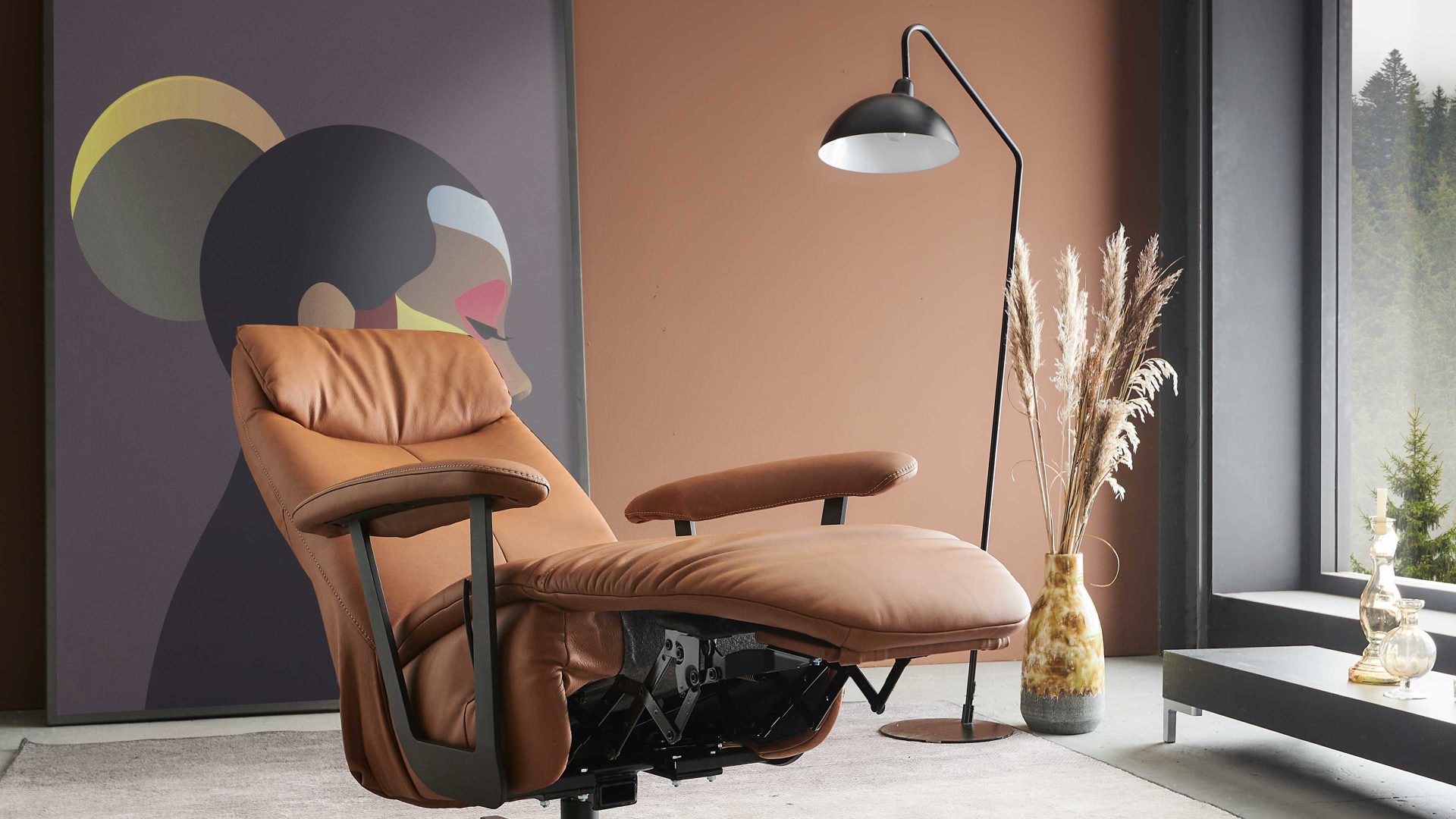 Relaxsessel Himolla aus Leder in Orange himolla Relaxsessel Serie 7387 - Easyswing 31V Maxi brandyfarbenes LongLife-Leder 24 & anthrazitfarbener Sternfuß