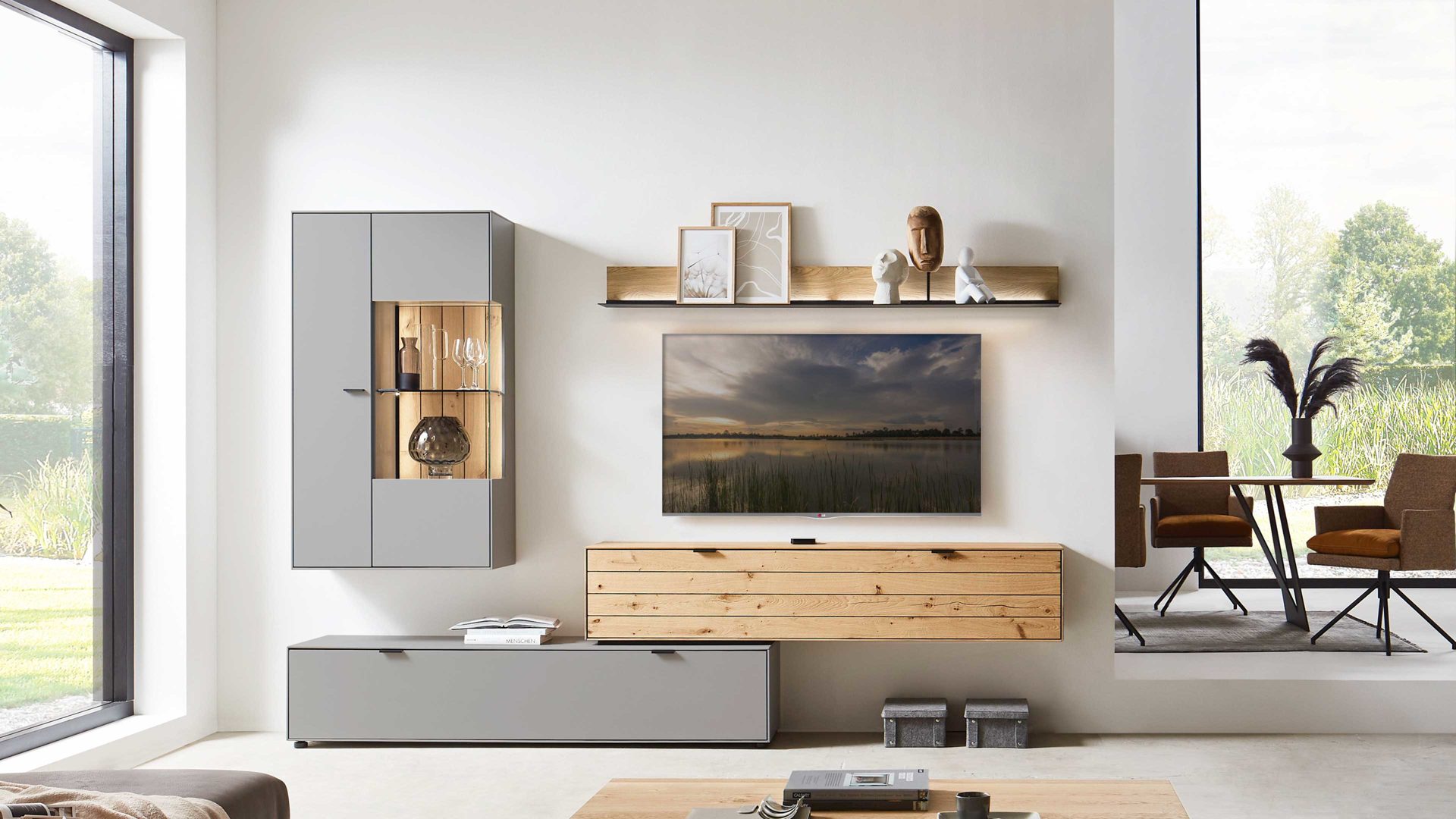 Wohnwand Wöstmann markenmöbel aus Holz in Grau WÖSTMANN Wohnprogramm WM 2380 - Wohnwand Samtgrau, Wild- & Balkeneiche - dreiteilig, Breite ca. 294 cm