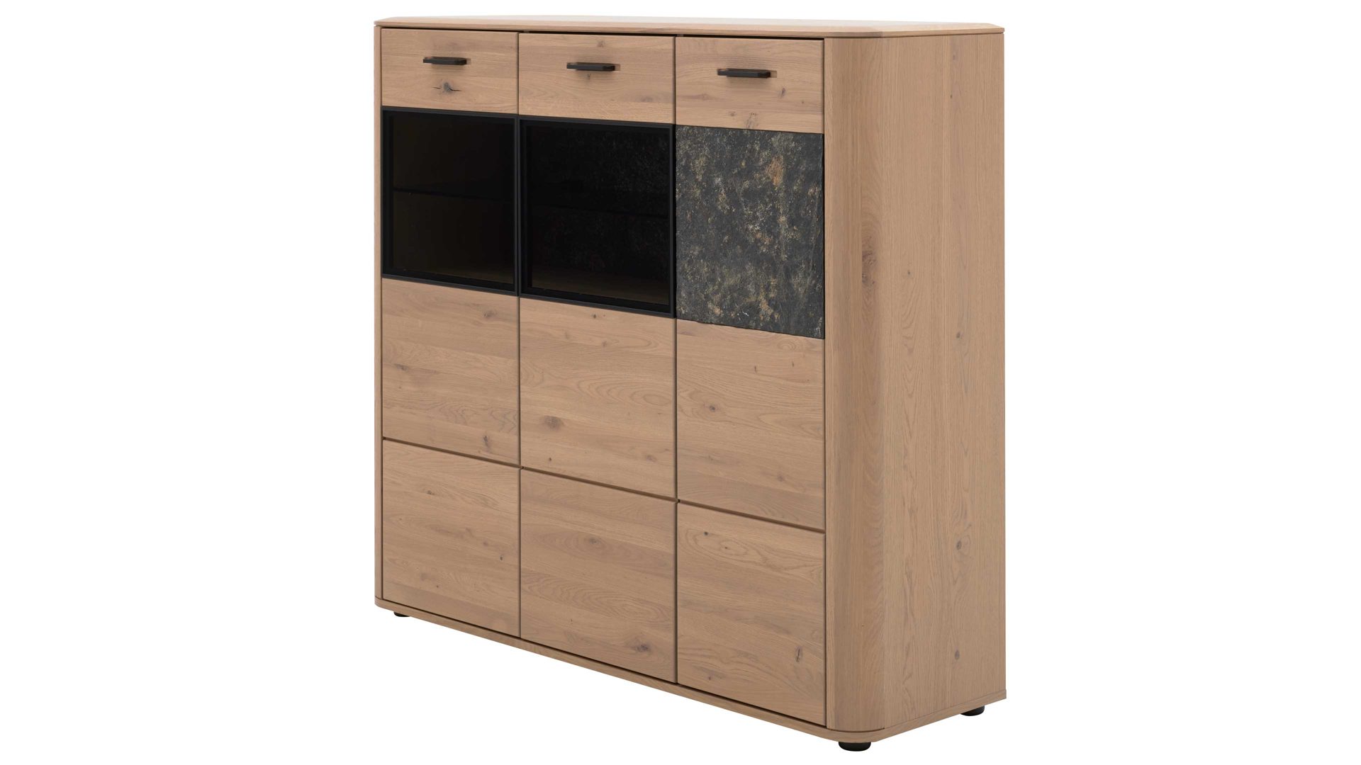 Sideboard Interliving aus Holz in Holzfarben Interliving Wohnzimmer Serie 2029 - Highboard 22 Wildeiche & Granit-Steinoptik - drei Türen, eine Schublade, Breite ca. 132 cm