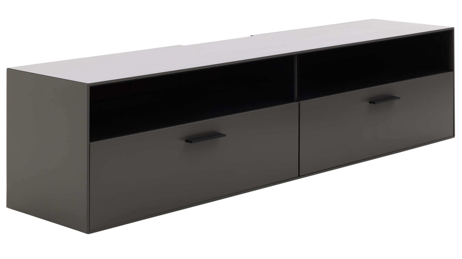 Lowboard Interliving aus Holz in Dunkelgrau Interliving Wohnzimmer Serie 2030 - Hänge-Lowboard Wolfram Grey & Spaltholz - zwei Schubladen, Länge ca. 180 cm