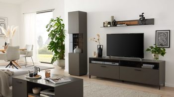 Wohnwand Interliving aus Holz in Dunkelgrau Interliving Wohnzimmer Serie 2030 - Wohnwand Wolfram Grey & Spaltholz - dreiteilig, Länge ca. 275 cm