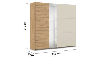 Kleiderschrank Rauch aus Holz in Holzfarben rauch BLUE Monza - Schwebetürenschrank Eiche Artisan & Champagner, Spiegel - Breite ca. 218 cm