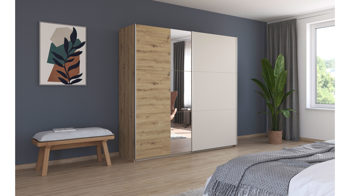 Kleiderschrank Rauch aus Holz in Holzfarben rauch BLUE Monza - Schwebetürenschrank Eiche Artisan & Champagner, Spiegel - Breite ca. 218 cm