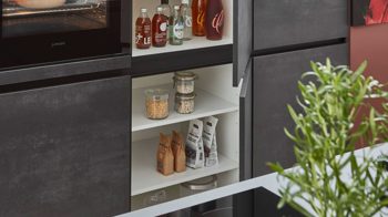 Einbauküche Nobilia® aus Holz in Schwarz nobilia® Einbauküche Laser mit zwei Backöfen Schwarzbeton - zweizeilig