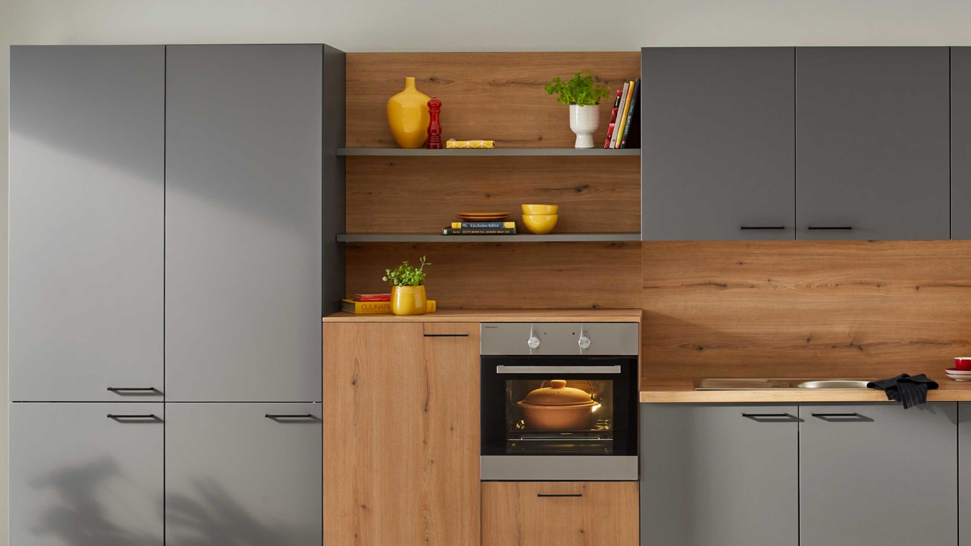 Einbauküche Express küchen aus Holz in Anthrazit EXPRESS KÜCHEN Einbauküche Win mit Einbaugeräten Anthrazit & Eiche astig - Länge ca. 510 cm