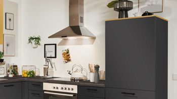 Einbauküche Pino aus Holz in Dunkelgrau pino Einbauküche inklusive Einbaugeräte Grafit & Alux Gold - Stellfläche ca. 185 x 255 cm