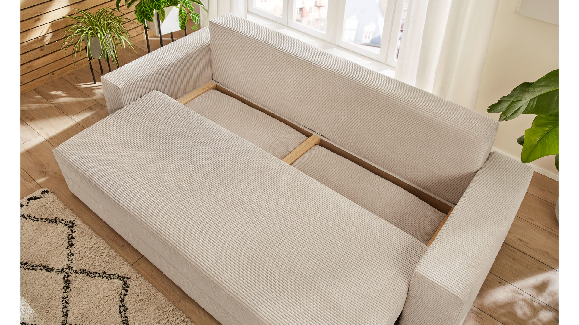 Schlafsofa Sun garden | 162739 aus Stoff in Beige Schlafsofa Trier naturfarbener Cordbezug & Schwarz - Breite ca. 240 cm