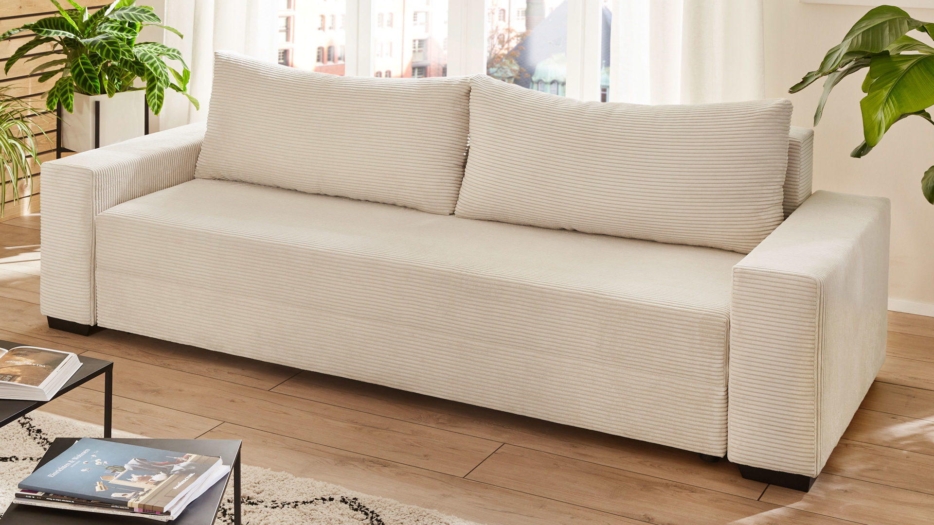 Schlafsofa Sun garden | 162739 aus Stoff in Beige Schlafsofa Trier naturfarbener Cordbezug & Schwarz - Breite ca. 240 cm