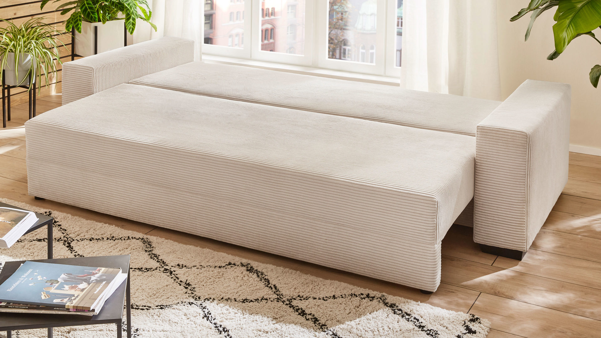 Schlafsofa Sun garden | 162739 aus Stoff in Beige Schlafsofa Trier naturfarbener Cordbezug & Schwarz - Breite ca. 240 cm