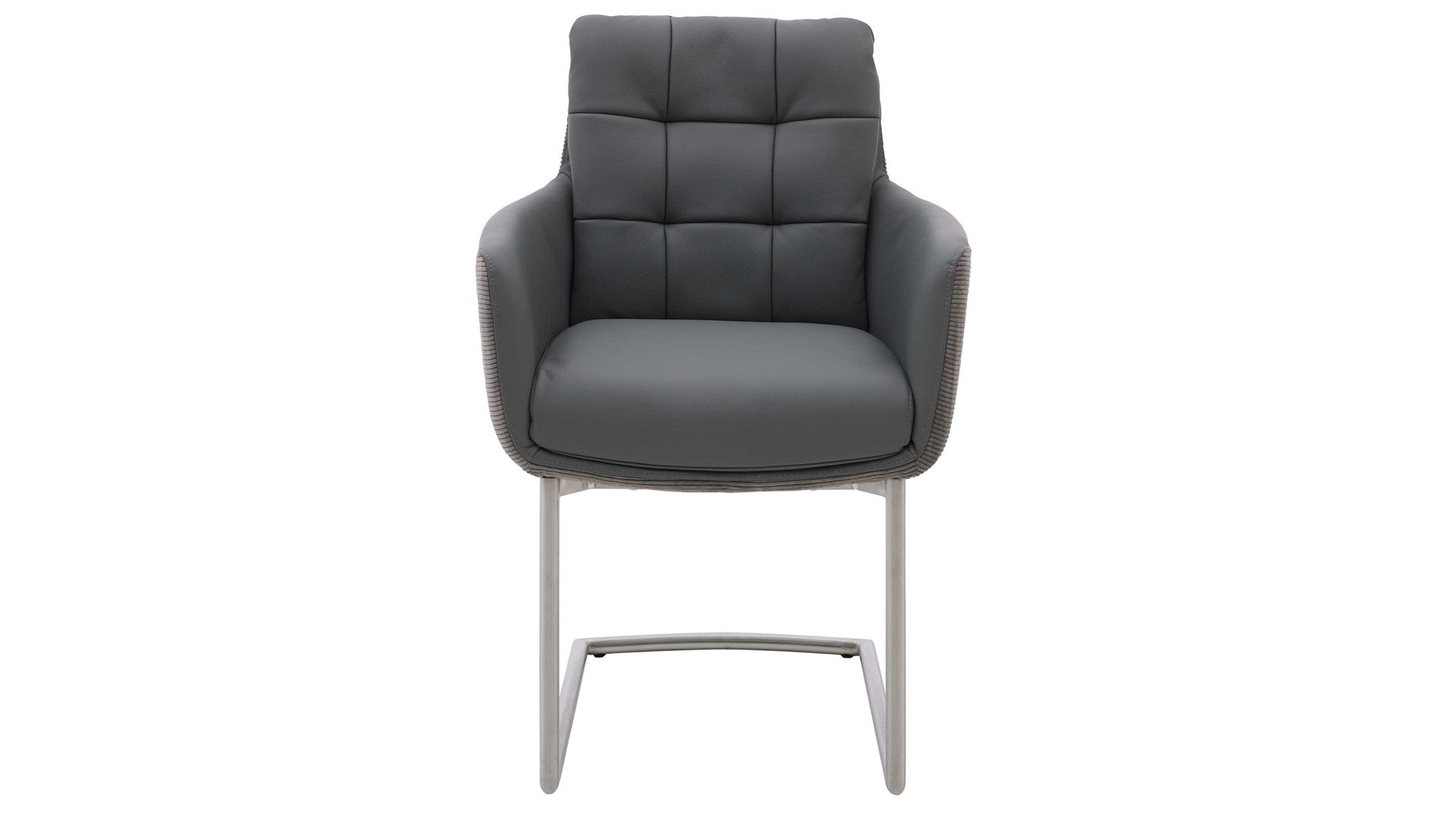 Schwingstuhl Interliving aus Leder in Grau Interliving Esszimmer Serie 5116 – Armlehn-Schwingstuhl grauer Materialmix Leder & Cord Fo-Sh, Edelstahlgestell F3