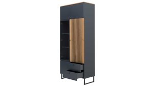 Vitrine Interliving aus Holz in Dunkelgrau Interliving Esszimmer Serie 5605 – Vitrine quarzgrauer Lack & Charakter-Eiche - fünf Türen, zwei Schubladen, Höhe ca. 194 cm