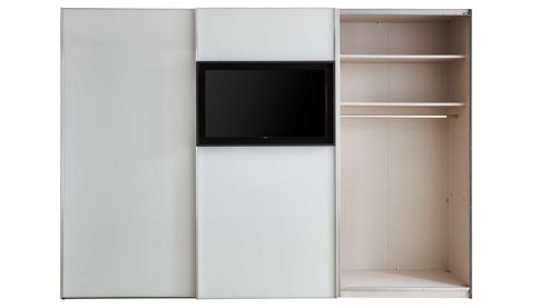 Kleiderschrank Staud aus Glas in Weiß STAUD Schwebetürenschrank Media Flat mit TV-Nische Alpinweiß & Vulkan – drei Türen, Breite ca. 336 cm