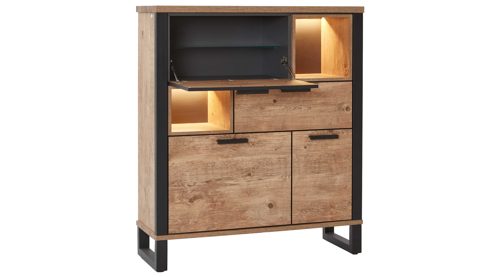 Highboard WOODS & TRENDS aus Holz in Holzfarben WOODS & TRENDS Esszimmer Serie Perth - Highboard Scheunenholz & Schwarz - drei Türen, eine Schublade, Breite ca. 120 cm