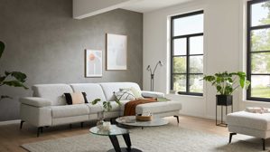 Ecksofa Interliving aus Stoff in Weiß Interliving Sofa Serie 4065 – Ecksofa ecrufarbener Webstoff Loft & schwarze Metallfüße – Stellfläche ca. 288 x 183 cm