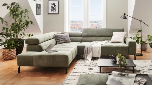 Ecksofa SOFAkultur aus Stoff in Grün SOFAkultur Programm SK 745 - Ecksofa olivfarbener Feincord - Stellfläche ca.  276 x 219 cm