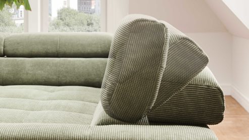 Ecksofa SOFAkultur aus Stoff in Grün SOFAkultur Programm SK 745 - Ecksofa olivfarbener Feincord - Stellfläche ca.  276 x 219 cm