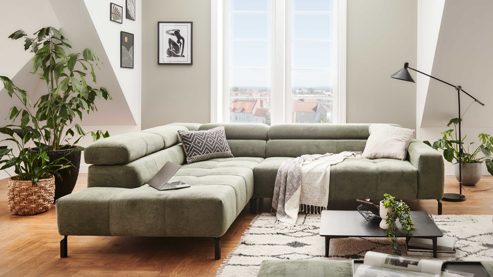 Ecksofa SOFAkultur aus Stoff in Grün SOFAkultur Programm SK 745 - Ecksofa olivfarbener Feincord - Stellfläche ca.  276 x 219 cm