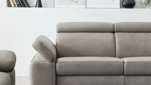 Recamiere comfortmaster besser sitzen, liegen, leben aus Leder in Grau Comfortmaster Spektra 1183 - Recamiere mit vielen Funktionen stahlfarbenes LongLife-Leder LG 24 & Metallkufen - Länge ca. 223 cm