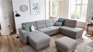 Ecksofa KAWOO aus Stoff in Hellgrau KAWOO Serie Cliff - Ecksofa als Wohnlandschaft platingraue Chenille - Stellfläche ca. 300 x 198 cm