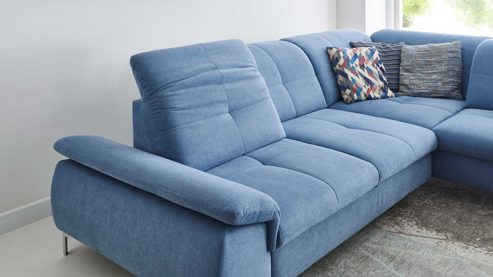 Ecksofa KAWOO aus Stoff in Blau KAWOO Serie 7178 - Ecksofa bzw. Polsterecke mit Funktionen eisblaue Chenille XBO-26 – Stellfläche ca. 319 x 240 cm