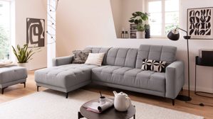 Ecksofa KAWOO aus Stoff in Grau KAWOO Serie 8334 - Ecksofa silbergrauer Webstoff DRL 69 & schwarze Metallfüße S11 - Stellfläche ca. 187 x 273 cm