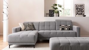 Ecksofa KAWOO aus Stoff in Grau KAWOO Serie 8334 - Ecksofa silbergrauer Webstoff DRL 69 & schwarze Metallfüße S11 - Stellfläche ca. 187 x 273 cm