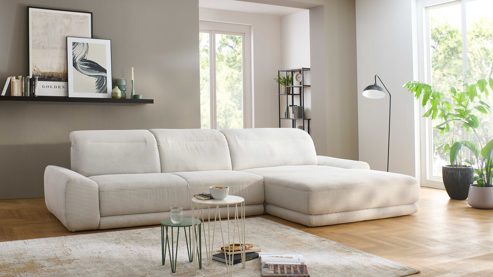 Ecksofa KAWOO aus Stoff in Hellgrau KAWOO Serie 7544 - Ecksofa mit Kopfteilverstellung hellgrauer Breitcord GCT 9 - Stellfläche ca. 326 x 187 cm