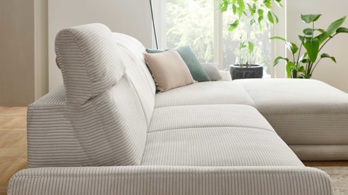 Ecksofa KAWOO aus Stoff in Hellgrau KAWOO Serie 7544 - Ecksofa mit Kopfteilverstellung hellgrauer Breitcord GCT 9 - Stellfläche ca. 326 x 187 cm