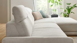 Ecksofa KAWOO aus Stoff in Hellgrau KAWOO Serie 7544 - Ecksofa mit Kopfteilverstellung hellgrauer Breitcord GCT 9 - Stellfläche ca. 326 x 187 cm