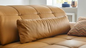 Ecksofa KAWOO aus Leder in Gelb KAWOO Serie Santa Lucia - Ecksofa bzw. Polstermöbel senffarbenes Leder Punch & schwarze Holzfüße - ca. 295 x 199 cm