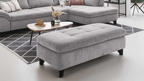 Funktionshocker Megapol aus Stoff in Grau Polsterprogramm VS-MP1028 - XXL-Funktions-Hocker grauer Cordbezug & schwarze Metallfüße - ca. 135 x 63 cm