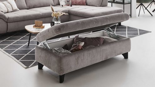 Funktionshocker Megapol aus Stoff in Grau Polsterprogramm VS-MP1028 - XXL-Funktions-Hocker grauer Cordbezug & schwarze Metallfüße - ca. 135 x 63 cm