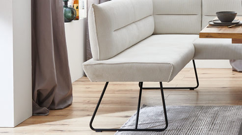 Eckbank PARTNERRING COLLECTION aus Stoff in Weiß PARTNERRING COLLECTION Serie Conny - Eckbank mit Federkernpolsterung cremeweißer Cord Rebel 897 & schwarzes Eisen - Stellfläche ca.  151 x 205 cm