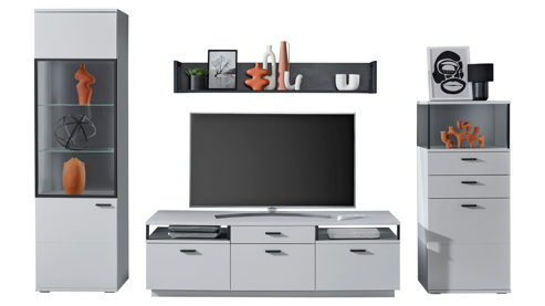 Wohnwand MIVIVO aus Holz in Weiß MIVIVO Wohnmöbel Juno - Wohnwand Weiß & Grau - vierteilig, Breite ca. 320 cm