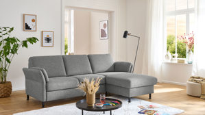Ecksofa modulmaster aus Stoff in Grau Modulmaster MM-ZE1080 - Ecksofa mit Federkern stahlgraues Flachgewebe Unica & schwarze Metallfüße – Stellfläche ca. 232 x 168 cm