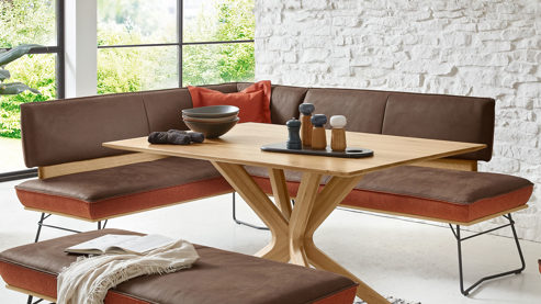 Eckbank Koinor aus Leder in Braun KOINOR Dining System - Eckbank muskatfarbenes Leder India & cognacfarbener Loden 39 - Stellfläche ca. 162 x 217 cm