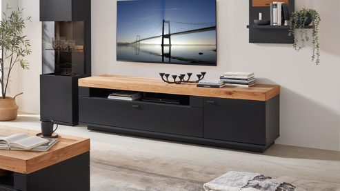 Lowboard Mca furniture aus Holz in Schwarz Wohnmöbelserie Messina - Lowboard Schwarzgrau & Risseiche - ein Auszug, eine Tür, Länge ca. 210 cm