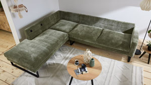 Ecksofa Roomio® aus Stoff in Grün Roomio® No. 4105 - Ecksofa schildkrötenfarbener Bezug Monty & schwarze Kufenfüße 256 MK - Stellfläche ca. 221 x 278 cm