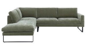 Ecksofa Roomio® aus Stoff in Grün Roomio® No. 4105 - Ecksofa schildkrötenfarbener Bezug Monty & schwarze Kufenfüße 256 MK - Stellfläche ca. 221 x 278 cm