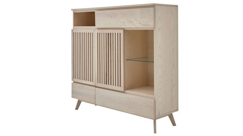 Highboard Roomio® aus Holz in Holzfarben Hell Roomio No. 2000 - Highboard mit Beleuchtung weiß gewaschene Esche - zwei Türen, drei Schubladen, Höhe ca. 125 cm