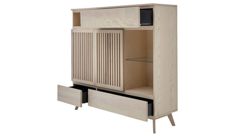 Highboard Roomio® aus Holz in Holzfarben Hell Roomio No. 2000 - Highboard mit Beleuchtung weiß gewaschene Esche - zwei Türen, drei Schubladen, Höhe ca. 125 cm