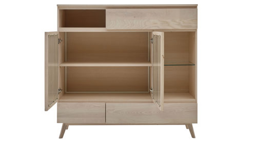 Highboard Roomio® aus Holz in Holzfarben Hell Roomio No. 2000 - Highboard mit Beleuchtung weiß gewaschene Esche - zwei Türen, drei Schubladen, Höhe ca. 125 cm