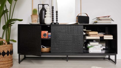 Lowboard Roomio® aus Holz in Schwarz Roomio No. 2001 - Lowboard schwarzes Mangoholz - zwei Türen, Länge ca. 160 cm