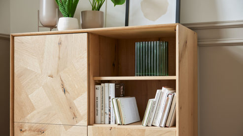 Highboard Roomio® aus Holz in Holzfarben Roomio No. 2002 - Highboard Eiche & schwarzes Metall - drei Türen, Höhe ca. 120 cm