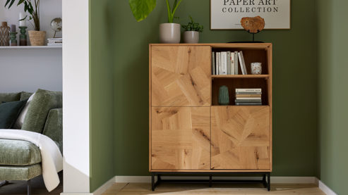 Highboard Roomio® aus Holz in Holzfarben Roomio No. 2002 - Highboard Eiche & schwarzes Metall - drei Türen, Höhe ca. 120 cm